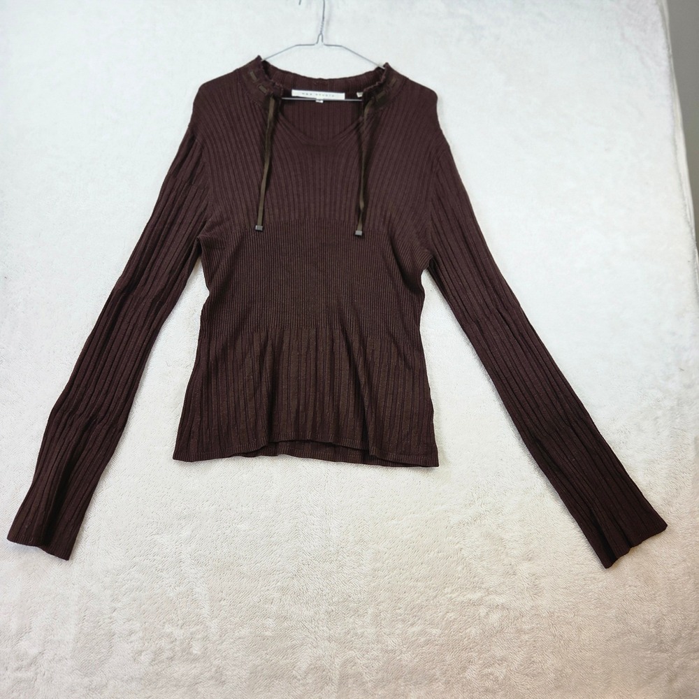 Max Studio Womens Brown Ribbed Knit Sweater Split Neck Ruffle Drawstring Medium